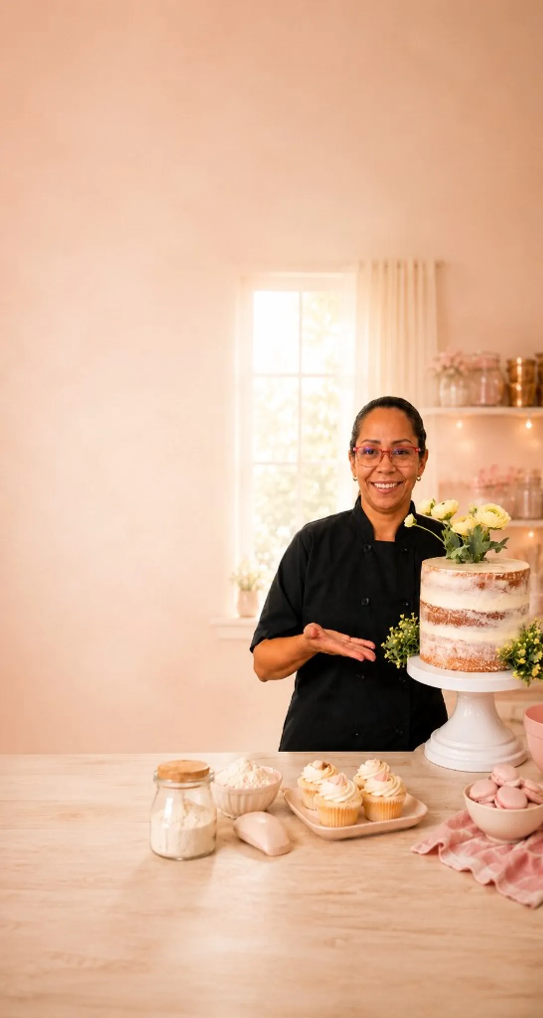 Deisy Molleja presentando un cake decorado con flores